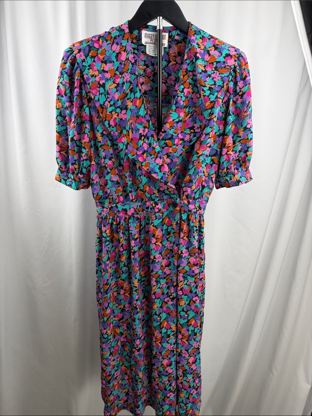Maggy London Floral Wrap Midi Dress in Purple, Teal & Orange